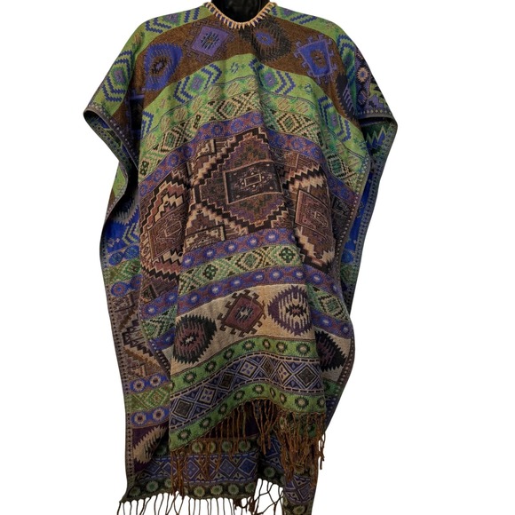 Southwestern Festival Boho Purple Green Open Poncho Shawl Fringe Trim One Size - Picture 6 of 7